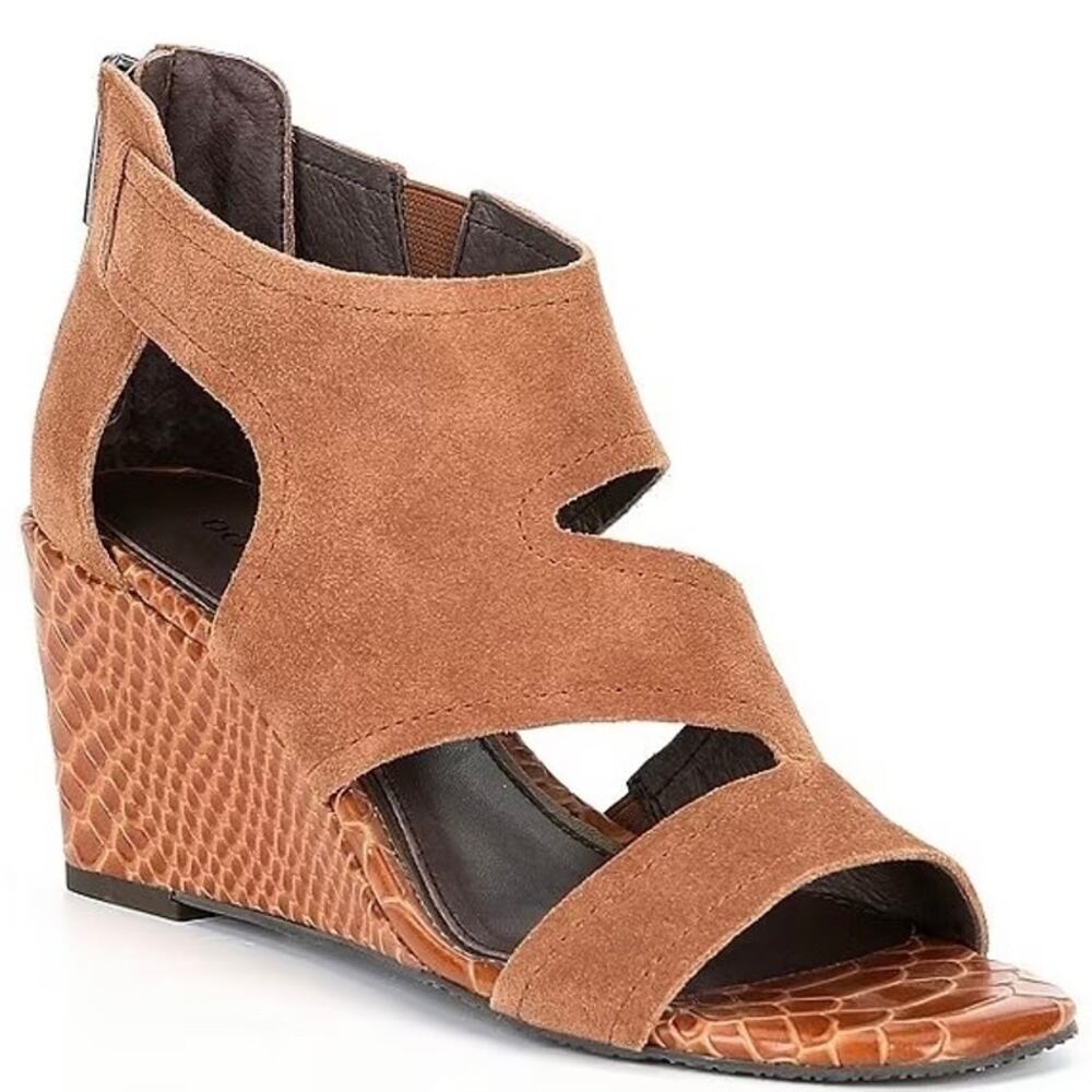 NWOT Donald Pliner Panya Saddle Brown Suede Reptile Embossed Wedge Sandals